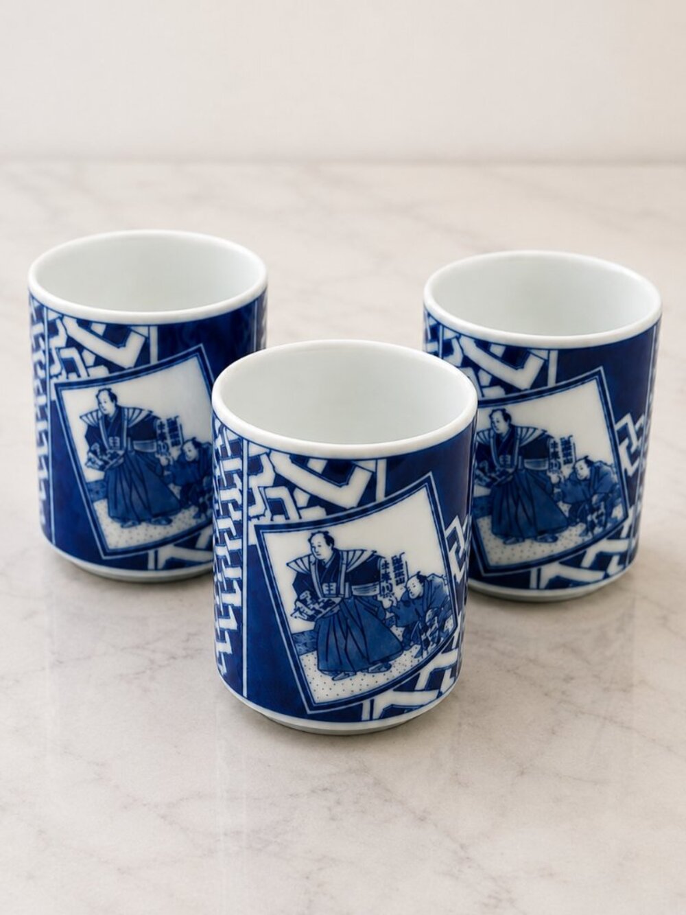 Set of 3 Vintage Japanese Blue & White Yunomi Tea Cups Sumo Wrestler Porcelain